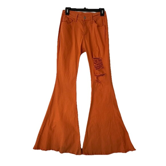Copper Closet Women Burnt Orange Flare Jeans Raw Hem Denim Distress Size S Boho - Picture 1 of 12